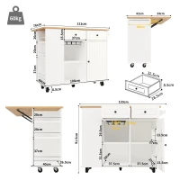 Insulă de bucătărie cu blat de lucru reglabil și spațiu de depozitare, Cărucior pliabil, 120x42x91,5 cm, Alb(m-3)