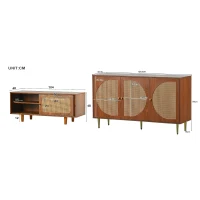 Scarpiera con Seduta per Ingresso e Soggiorno, Stile Vntage e Classica, Ante Scorrevoli in Rattan, 104x40x48 cm, Colore Noce(m-3)