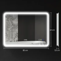 HOMCOM Espelho de Casa de Banho com Luz LED 80x60 cm Bluetooth 3 Cores de Luz Relógio Digital Função Antiembaciamento Função de Memória Prata(m-3)