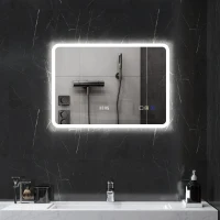 HOMCOM Espelho de Casa de Banho com Luz LED 70x50 cm Bluetooth 3 Cores de Luz Relógio Digital Função Antiembaciamento Função de Memória Prata(m-2)