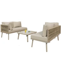 Ensemble de salon de jardin, ensemble de meubles de jardin en forme de L avec corde tissée à la main, 2 canapés et 1 table , Fauve(m-14)