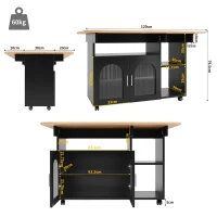 Îlot de cuisine moderne, chariot de service multifonctionnel avec espace de rangement et armoires à porte vitrée, 120×30×79,5 cm, Noir+Couleur naturelle(m-3)