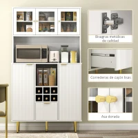 HOMCOM Alacena de Cocina Moderna con Armarios Cajón Botellero y Puertas de Vidrio y Estantes Ajustables 100x40x180 cm Blanco(m-6)