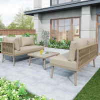 Ensemble de salon de jardin, ensemble de meubles de jardin en forme de L avec corde tissée à la main, 2 canapés et 1 table , Fauve(m-4)