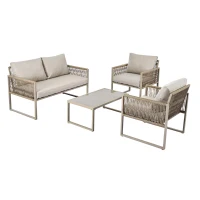Ensemble de salon de jardin, ensemble de meubles de jardin moderne 4 pièces en corde avec coussins de siège, Kaki(m-11)