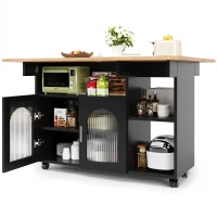 Îlot de cuisine moderne, chariot de service multifonctionnel avec espace de rangement et armoires à porte vitrée, 120×30×79,5 cm, Noir+Couleur naturelle(m-7)