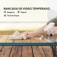 Outsunny Conjunto de Jardim em Vime com 2 Poltronas Sofá de 2 Lugares e Mesa com Bancada em Vidro Temperado Madeira e Preto(m-6)