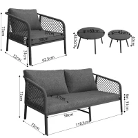 Set da giardino, Set di divani da esterno moderno con piano del tavolo in vetro e cuscini di seduta e schienale, Grigio(m-3)