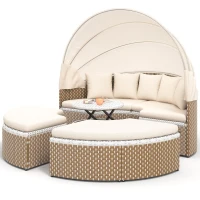 Ensemble de fauteuils de jardin-lounge, île ensoleillée avec baldaquin rétractable et plateau de table relevable, Beige(m-14)
