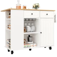 Insulă de bucătărie cu blat de lucru reglabil și spațiu de depozitare, Cărucior pliabil, 120x42x91,5 cm, Alb(m-9)