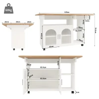 Îlot de cuisine moderne, chariot de service multifonctionnel avec espace de rangement et armoires à porte vitrée, 120×30×79,5 cm, Naturel, Argent + Gris, Blanc(m-3)