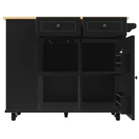 Insulă de bucătărie cu blat de lucru reglabil și spațiu de depozitare, Cărucior pliabil, 120x42x91,5 cm, Negru(m-6)