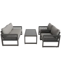 Conjunto de Salón de Jardín Conjunto de Muebles de Jardín Moderno de 4 Piezas de Cuerda con Cojines de Asiento Gris(m-12)