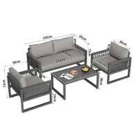 Conjunto de Salón de Jardín Conjunto de Muebles de Jardín Moderno de 4 Piezas de Cuerda con Cojines de Asiento Gris(m-3)