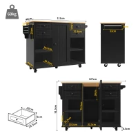 Îlot de cuisine moderne, espace de rangement multifonctionnel, 127x46x91,5 cm, Noir(m-3)