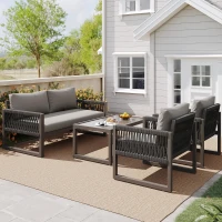 Conjunto de Salón de Jardín Conjunto de Muebles de Jardín Moderno de 4 Piezas de Cuerda con Cojines de Asiento Gris(m-4)