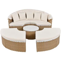 Ensemble de fauteuils de jardin-lounge, île ensoleillée avec baldaquin rétractable et plateau de table relevable, Beige(m-13)