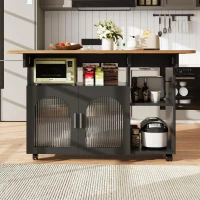 Îlot de cuisine moderne, chariot de service multifonctionnel avec espace de rangement et armoires à porte vitrée, 120×30×79,5 cm, Noir+Couleur naturelle(m-1)
