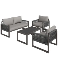 Conjunto de Salón de Jardín Conjunto de Muebles de Jardín Moderno de 4 Piezas de Cuerda con Cojines de Asiento Gris(m-10)