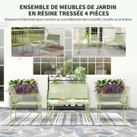 Outsunny Salon de Jardin extérieur résine tressée 4 places, canapé 2 places, 2 chaises, table en verre trempé cadre acier vert(m-4)