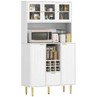 HOMCOM Armário de Cozinha Móvel Auxiliar de Cozinha Armário Alto com 3 Portas de Vidro Suporte para Garrafas 100x40x180 cm Branco(m-10)