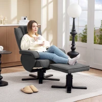 HOMCOM Schommelbare Relaxfauteuil met Voetenbank, Fluweelachtige Stof, Draaibare Gestoffeerde Stoel, Houten Frame, Grijs(m-2)