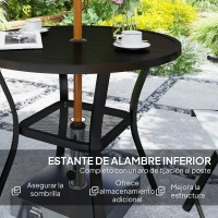Outsunny Mesa de Comedor Exterior Redonda con Orificio para Sombrilla Estante Inferior y Estructura de Acero Ø90x73 cm Negro(m-7)