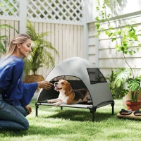 PawHut Leżanka dla Psa na Zewnątrz z Daszkiem, Podwyższone Łóżko dla Psów Średniej Wielkości, 76 x 61 x 71cm, Jasnoszary(m-2)