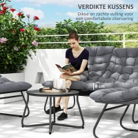 Outsunny 4-persoons tuinmeubelset, 2 stoelen, 1 dubbelsofa, 1 tafel met glasplaat, dikke kussens, stalen frame, voor terras, Grijs(m-4)