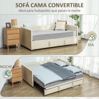 HOMCOM Cama Nido Tipo Diván 2 en 1 con Base Metálica y Tapizado Cama Inferior Extraíble para Colchones de 90x190 cm Beige(m-4)