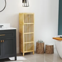 HOMCOM Bambus Aufbewahrungsschrank mit Regalen und Lamellentürdesign für Badezimmer Schlafzimmer Wohnzimmer 40 x 30 x 140 cm(m-2)