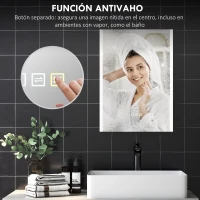 HOMCOM Espejo de Baño con Luz LED 70x50 cm con 3 Colores de Luz Función Antivaho Función de Memoria IP44 Horizontal/Vertical(m-6)
