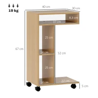 HOMCOM Mesa Auxiliar para Sofá Mesa Auxiliar en Forma de C con Ruedas Compartimentos Abiertos 40x30x69 cm Roble(m-3)