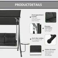 Outsunny Hollywoodschommel, 3-Zits Tuinschommel met Verstelbaar Zonnedak, 278 x 125 x 177 cm, Zwart(m-6)