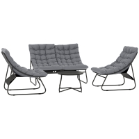 Outsunny 4-persoons tuinmeubelset, 2 stoelen, 1 dubbelsofa, 1 tafel met glasplaat, dikke kussens, stalen frame, voor terras, Grijs