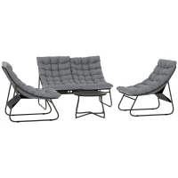 Outsunny 4-persoons tuinmeubelset, 2 stoelen, 1 dubbelsofa, 1 tafel met glasplaat, dikke kussens, stalen frame, voor terras, Grijs(m-1)