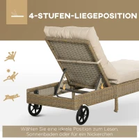 Outsunny Sonneliege aus PE-Rattan, Gartenliege, verstellbare Rückenlehne, abnehmbare Polster, Natur + Cremeweiß(m-4)