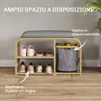 HOMCOM Panca Scarpiera da Ingresso con Seduta Imbottita, Design a Doghe e Cestino Estraibile, 70x30x45 cm, Legno(m-5)