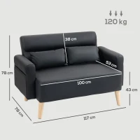 HOMCOM Sofá de 2 Lugares Estofado em Couro Sintético com Braços Acolchoados Espessos e Pés de Madeira  117x78x78 cm Preto(m-3)