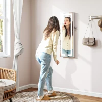 HOMCOM Espejo Joyero de Pared con Luces LED y Cerradura Armario de Joyas para Colgar en la Pared o en la Puerta Blanco(m-2)