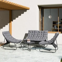Outsunny 4-persoons tuinmeubelset, 2 stoelen, 1 dubbelsofa, 1 tafel met glasplaat, dikke kussens, stalen frame, voor terras, Grijs(m-2)