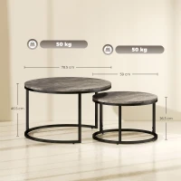 HOMCOM Industrial Nesting Coffee Table Set of 2, Round Coffee Tables, Living Room Table with Faux Marbled Top and Steel Frame(m-3)