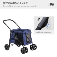 PawHut Hondenbuggy met Kussen, 3 Zijvakken, Opvouwbaar, Hondenkar, 102 cm x 62 cm x 105 cm, Blauw(m-5)