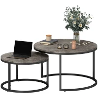 HOMCOM Industrial Nesting Coffee Table Set of 2, Round Coffee Tables, Living Room Table with Faux Marbled Top and Steel Frame(m-10)