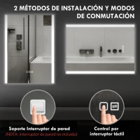 HOMCOM Espejo de Baño con Luz LED 70x50 cm con 3 Colores de Luz Función Antivaho Función de Memoria IP44 Horizontal/Vertical(m-8)