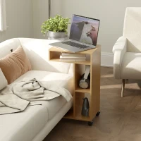 HOMCOM Mesa Auxiliar para Sofá Mesa Auxiliar en Forma de C con Ruedas Compartimentos Abiertos 40x30x69 cm Roble(m-8)