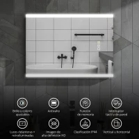 HOMCOM Espejo de Baño con Luz LED 70x50 cm con 3 Colores de Luz Función Antivaho Función de Memoria IP44 Horizontal/Vertical(m-4)