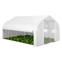 Outsunny Serra da Giardino 4x3m a Tunnel con Copertura in PE, Porta e 8 Finestre Avvolgibili, Bianco(m-1)