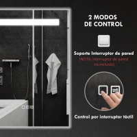 HOMCOM Espejo de Baño con Luz LED 70x50 cm con 3 Colores de Luz Función Antivaho Función de Memoria IP44(m-8)