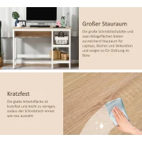 HOMCOM Schreibtisch mit 2 Ebenen Regal, Computertisch, Bürotisch, MDF, Natur+Weiß, 110 x 48 x 76,2 cm(m-6)